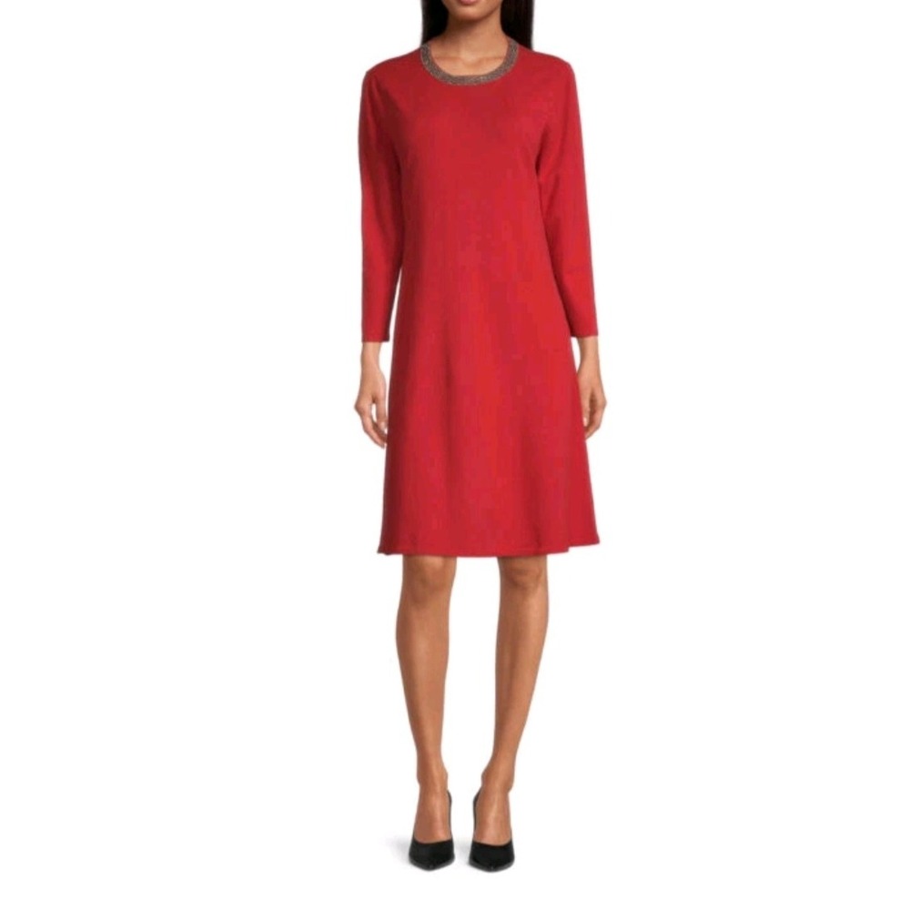 Liz Claiborne Red Dress Embellished Neckline 3/4 Sleeve‎ Career L